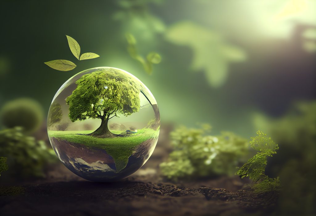 Green earth day on isolated white background. Care for the environment and ecology. Resources that are sustainable, renewable, and green. Graphic resource. Generative AI